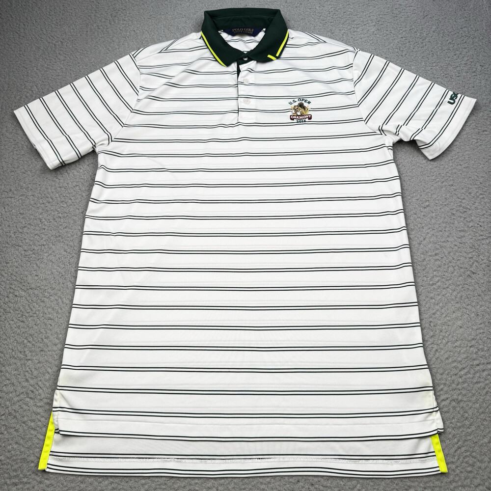 POLO GOLF Shirt Mens Medium White Green Stripe Ralph Lauren Golf Polo US Open